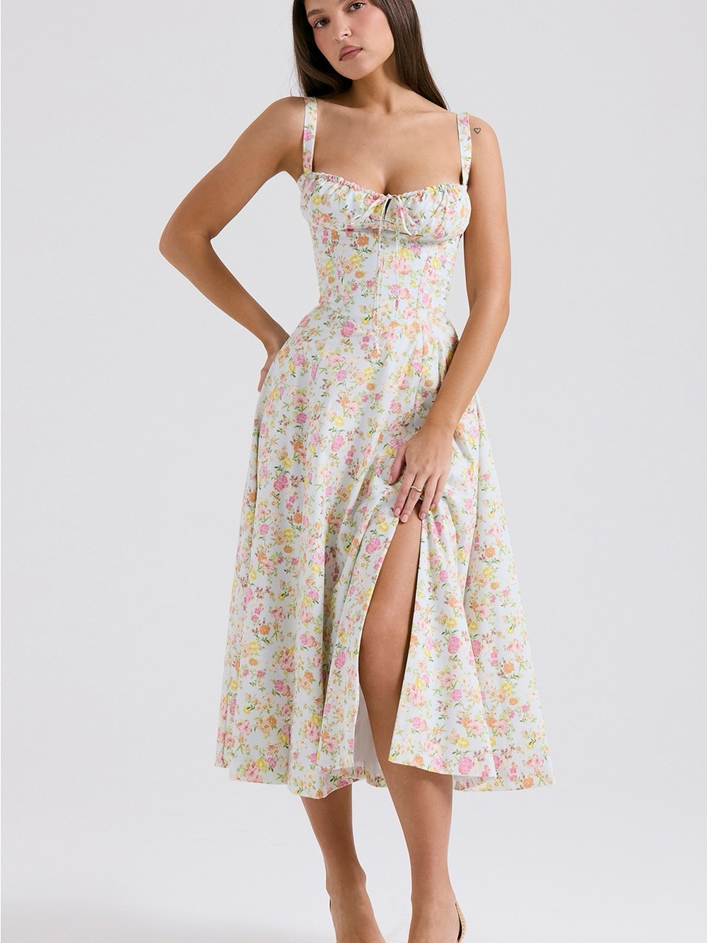 HOUSE OF CB CARMEN DRESS Pale Blue Meadow XS Regular Cup Cotton Bustier Sundress